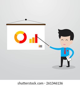 Businessman pointing presentation board with graph charts.
