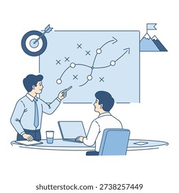 Businessman pointing at a project strategy map on a whiteboard while explaining a plan to a male colleague in an office. Flat vector illustration