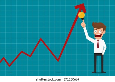 Businessman pointing raises growth graph with idea. Business concept financial success. Cartoon Vector Illustration.