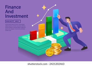 Businessman pointing at rising graph on stack of banknotes. online income Concept. man with money. Passive income and stock market investing. Finance Experts. Data analysis. vector illustration.