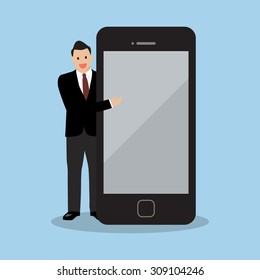 Businessman pointing to the screen of a smartphone. vector illustration