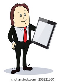 Businessman pointing to the screen of a tablet-pc with diagrams.  vector illustration with place for text