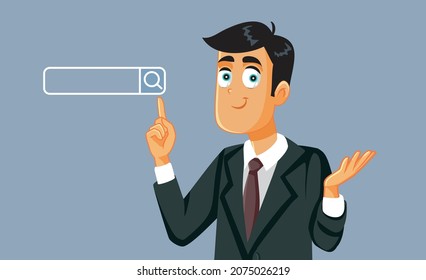 Businessman Pointing to a Search Bar Vector Illustration. Businessperson browsing in online business concept design
