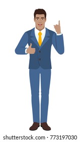 Businessman pointing up and showing thumb up. Full length portrait of Black Business Man in a flat style. Vector illustration.
