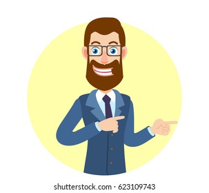 Businessman pointing something beside of him. Portrait of Cartoon Hipster Businessman. Vector illustration in a flat style.