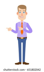 Businessman pointing something beside of him. Full length portrait of Cartoon Businessman Character. Vector illustration in a flat style.