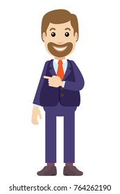 Businessman pointing something beside of him. Full length portrait of Cartoon Businessman Character. Vector illustration.