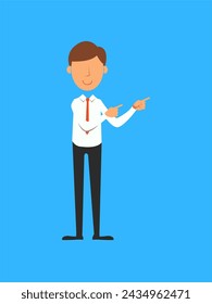 Businessman pointing at something. Vector illustration in a flat style.