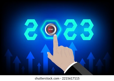 Businessman pointing START future button of year 2023. Development to success and growth concept. Businessman pressing Concept of new year 2023 start up business.