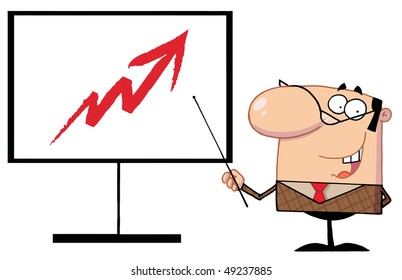 Businessman Pointing A Stick At An Arrow On A Board