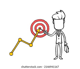 Businessman pointing the target with business graph showing uptrend. Business achievement and goal concept. Cartoon vector illustration design