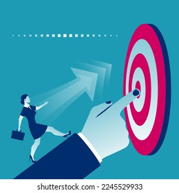 Businessman pointing to target. Teamwork to achieve a common goal. A successful woman is heading towards a goal. Vector illustration flat design. Aspirational people. Challenge achieve aim.