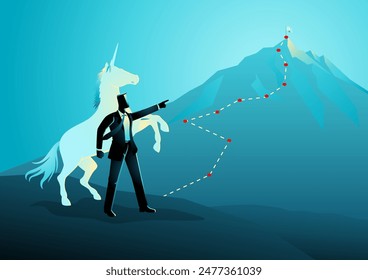 Empresario apuntando a la cima de la montaña, guiando el unicornio hacia la cima. Concepto de negocio de start-up, ambición de alcanzar una valoración de 1.000 millones de dólares, búsqueda de objetivos extraordinarios