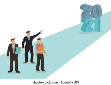 Businessman pointing towards 2021 year for starting new year and new business strategy plan for the year concept. Vector Illustration.