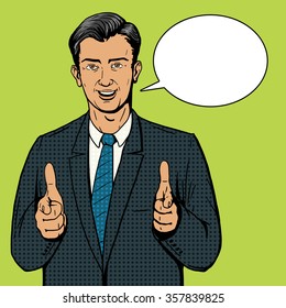 Businessman pointing with two hands pop art style vector illustration. Comic book style