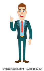 Businessman pointing up. Full length portrait of Cartoon Businessman Character. Vector illustration in a flat style.