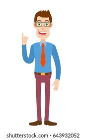 Businessman pointing up. Full length portrait of Cartoon Businessman Character. Vector illustration in a flat style.