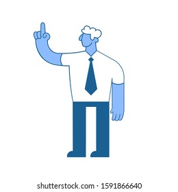 Businessman pointing up. Full-length figure of a casually dressed businessman. Flat vector illustration. Isolated on white background.