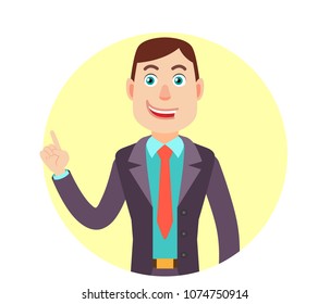 Businessman pointing up. Portrait of Cartoon Businessman Character. Vector illustration in a flat style.