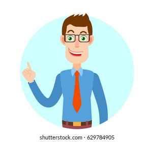 Businessman pointing up. Portrait of Cartoon Businessman Character. Vector illustration in a flat style.