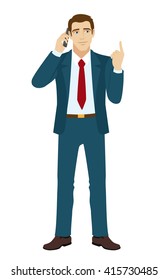 Businessman pointing up. Businessman talking on the phone. Businessman looking up. Vector illustration.