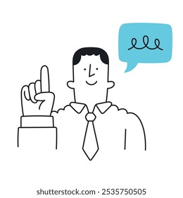 Businessman pointing upward with a speech bubble. Concept of communication and idea sharing. Professional in formal attire with hand gesture. Doodle illustration - editable stroke.