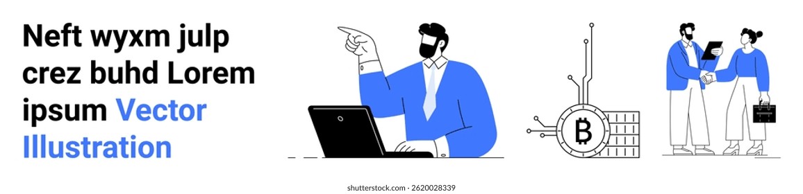 Businessman pointing while using a laptop, blockchain bitcoin node diagram, two individuals shaking hands exchanging cryptocurrency agreement. Ideal for tech, finance, education, startups