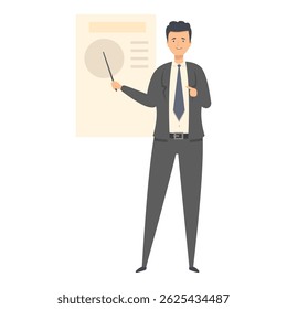 Businessman is pointing at a whiteboard with a pointer, giving a presentation