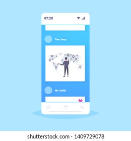 businessman pointing world man rear view business man choosing destination corporate globalization concept smartphone screen mobile application flat full length vector illustration