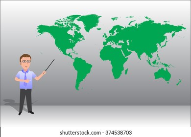 Businessman pointing to a world map background.