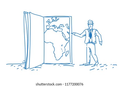 businessman pointing world map book page global destination concept planet geography teacher male cartoon character horizontal hand drawn sketch doodle vector illustration