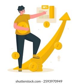 A businessman points an arrow up, Financial business report with profit growth, Vector illustration