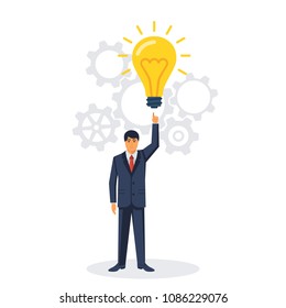 Businessman points to a big light bulb as a symbol big idea. New creative idea. Problem solution metaphor. Vector illustration flat design. Isolated on white background. Thinking processes.