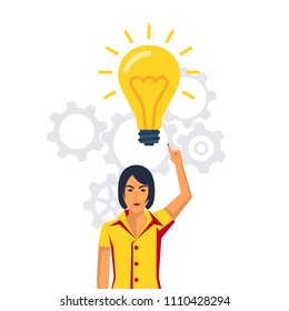 Businessman points to a big light bulb as a symbol of a big idea. New creative idea. Problem solution metaphor. Vector illustration flat design. Isolated on white background. Thinking processes.