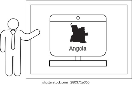A businessman points to a computer screen displaying the map of Angola.