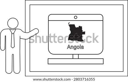 A businessman points to a computer screen displaying the map of Angola.