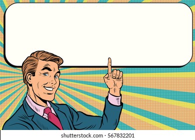 Businessman points up to copy space background, pop art retro vector. Beautiful promo man