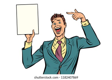 Businessman points at copy space poster. Isolate on white background. Pop art retro vector illustration vintage kitsch