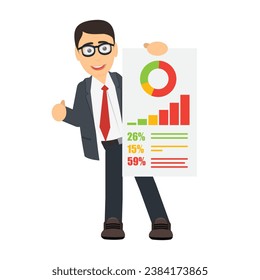 Businessman points to the diagram. Business strategy info graphics from a consultant, vector illustration