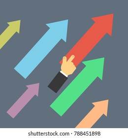 Businessman points the direction with his hand up. The concept of promotion in business. Vector illustration .