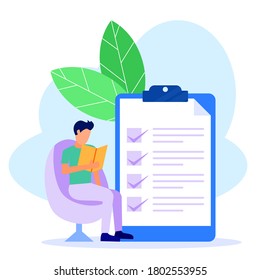 Un hombre de negocios apunta en la dirección indicada por una lista de verificación en la pizarra. Asignación de negocio completada correctamente. Ilustración vectorial plana.