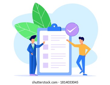 Un hombre de negocios apunta en la dirección indicada por una lista de verificación en la pizarra. Asignación de negocio completada correctamente. Ilustración vectorial plana.
