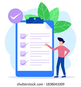 A businessman points in the direction indicated by a checklist on the blackboard. Successfully completed business assignment. Flat vector illustration.