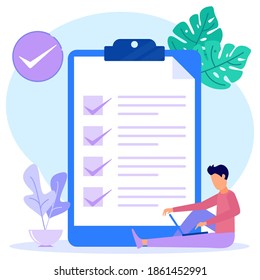 A businessman points in the direction indicated by a checklist on the blackboard. Successfully completed business assignment. Flat vector illustration.