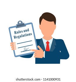 Businessman points to document, rules and regulations. Flat design, white background.
