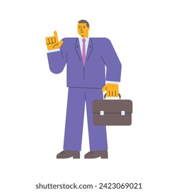 Businessman points finger up holding suitcase. Vector Illustration
