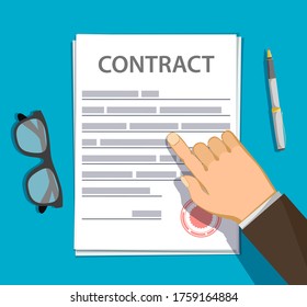 Businessman points a finger at a paper sheet of the contract. Vector illustration
