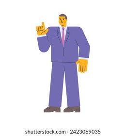 Businessman points finger up and smiles. Vector Illustration
