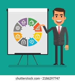 Geschäftsleute zeigen Flip-Chart mit Bild-Business-Symbolen. Flache Leute. Vektorgrafik