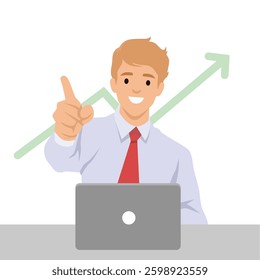 Businessman points forward with enthusiasm while working on his laptop, upward trend graph. Flat vector illustration isolated on white background